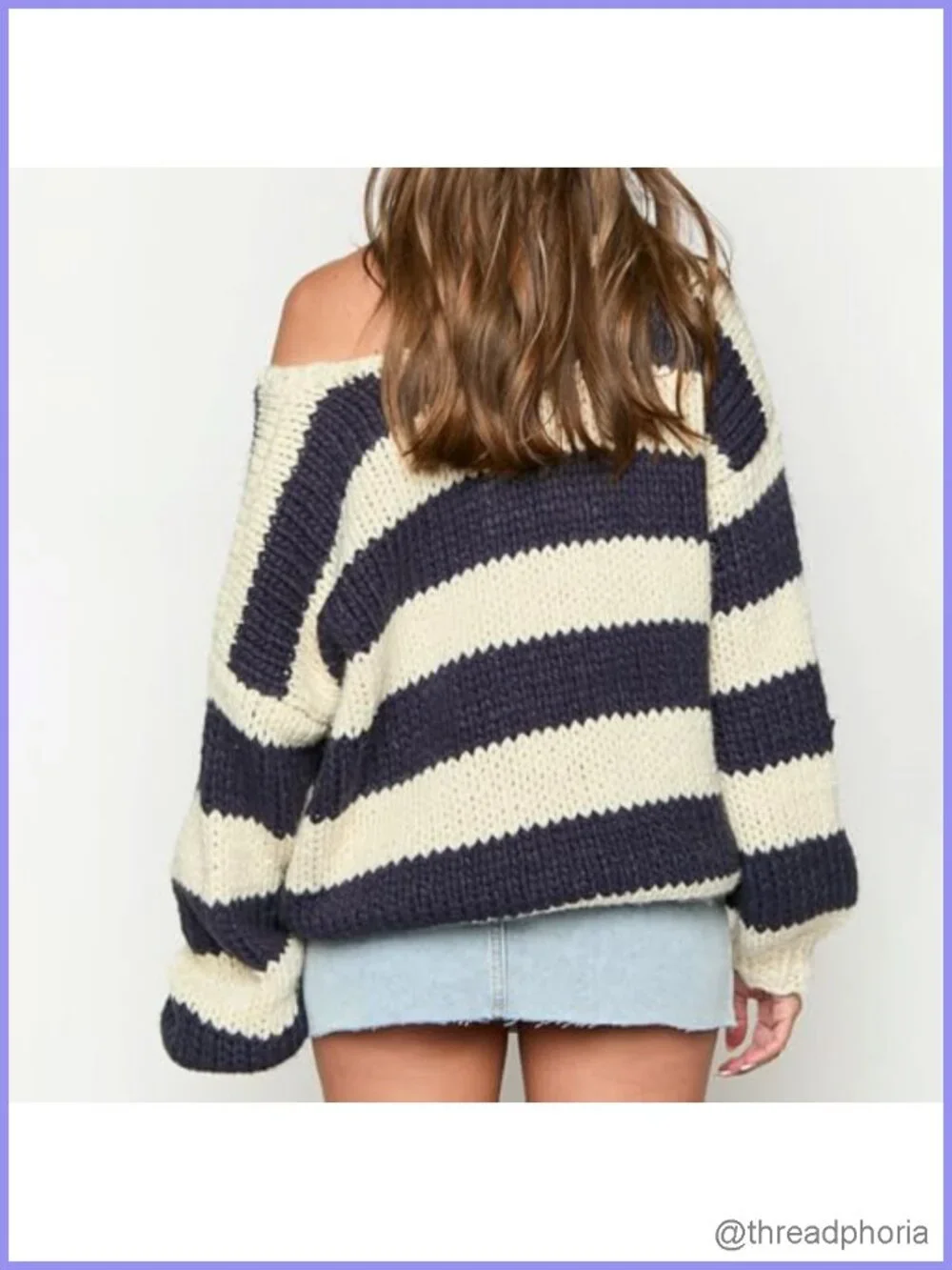 Women Striped Chunky Knit Sweater Drop Shoulder Long Sleeve V-Neck Oversized